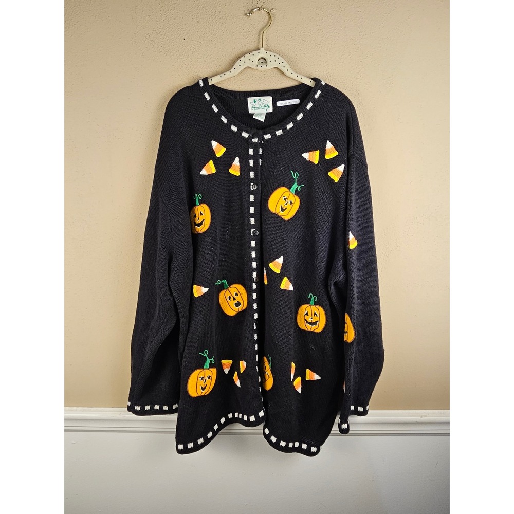 Vintage The Quacker Factory Womens Black Pumpkin Candy Corn Halloween Sweater 3X